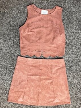 Dusty Pink Faux Suede Crop Top & Mini Skirt 2-Piece Set Y2K